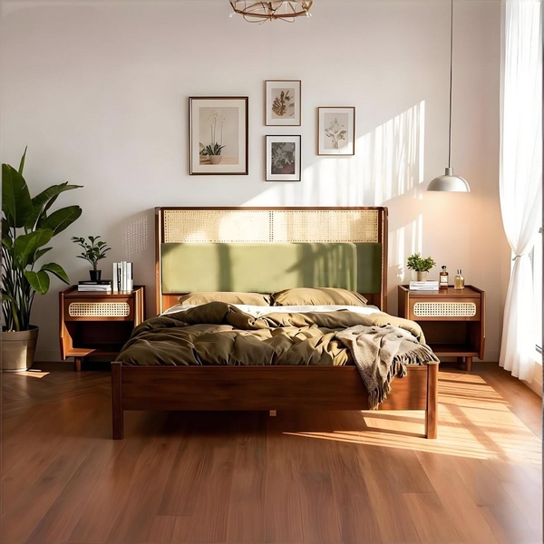 wooden bed, bed frame, rattan headboard, platform bed, bedroom furniture, brand awareness, lifestyle, minimalist, calm, warm, brown, neutral, green